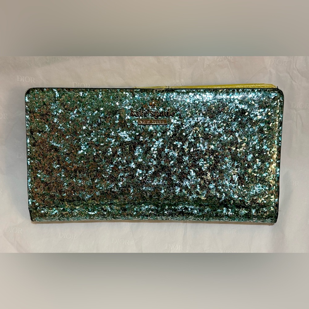 kate spade Green Glitter Zip-Around Wallet with Gold Trim - Picture 2 of 14